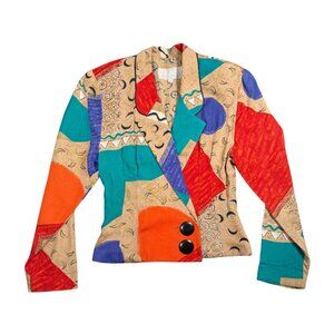 1980's Geometric Colorful Print Cropped Blazer - Platinum By Dorothy Schoelen
